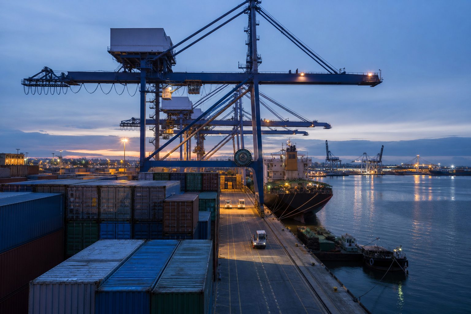 Export port at dusk — containers and cranes moving recyclable fibre